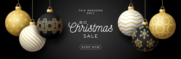 Luxury Christmas sale horizontal banner. Christmas card with ornate black, gold and white realistic balls hang on a thread on black modern background.  illustration. Place for your text