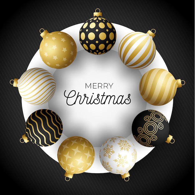 Luxury Christmas sale square banner. Christmas card with ornate black, gold and white realistic balls on white circle and black modern background.  illustration. Place for your text