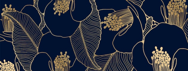 Vector luxury dark blue floral background with gold flowers