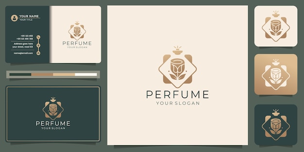 Luxury elegant perfume logo template, abstract perfume bottle with flower, golden color design.