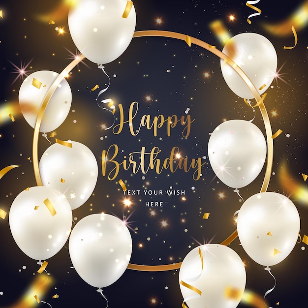 Luxury elegant silver white ballon round golden frame and party popper ribbon Happy Birthday celebration card banner template