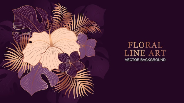 Luxury exotic botanical floral leaves with golden and purple background