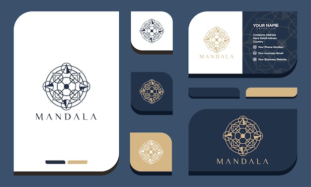 Luxury flat abstract flower mandala elegant gold islamic ornament logo design and business card