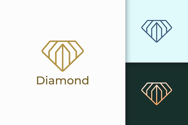 Luxury gem or jewel logo in diamond line shape with gold color