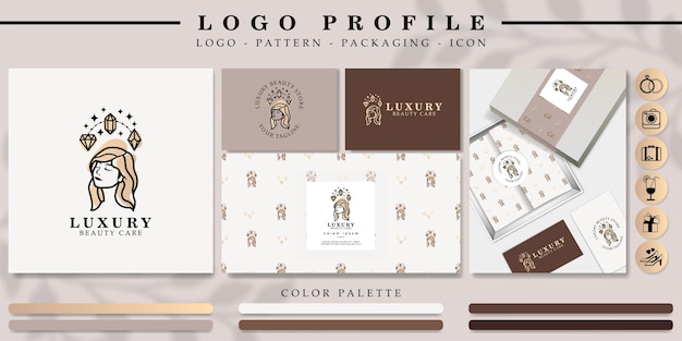 Vector luxury girl or woman head logo branding with pattern and icon set