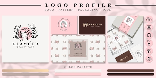 luxury girl or woman head logo branding with pattern and icon set