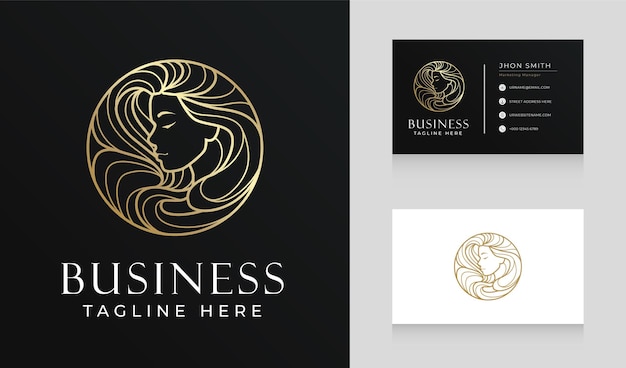 Luxury Gold Beauty Salon Woman Hair Line Logo Design With Business Card Template