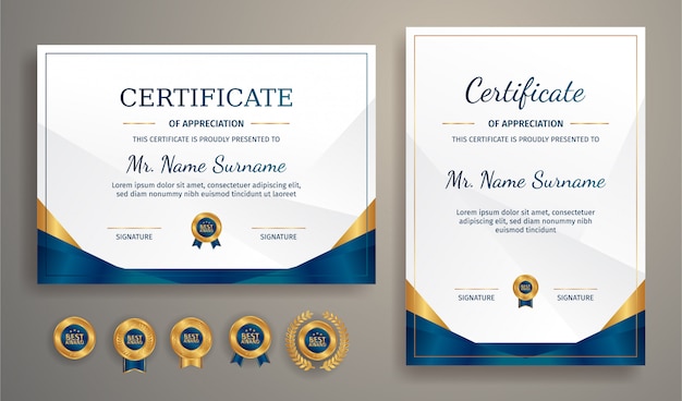 Luxury gold and blue certificate with gold badge and border  template