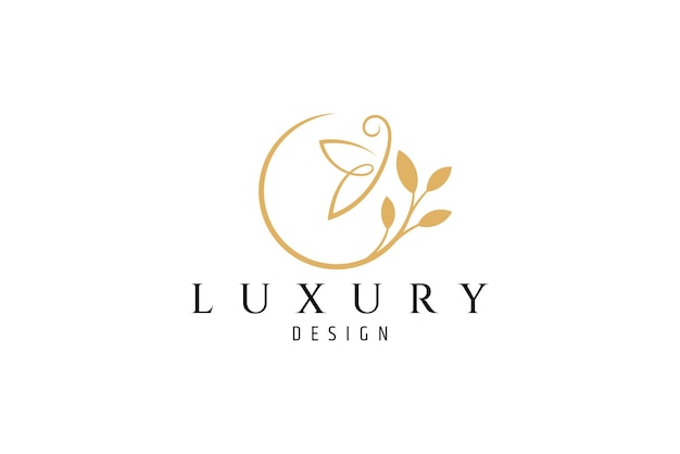 Luxury gold logo butterfly perching on leaf or flower in simple flat design style