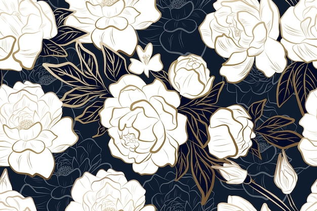 Luxury gold peony flower with blue background seamless pattern for fabric wedding invitation wallpaper and print