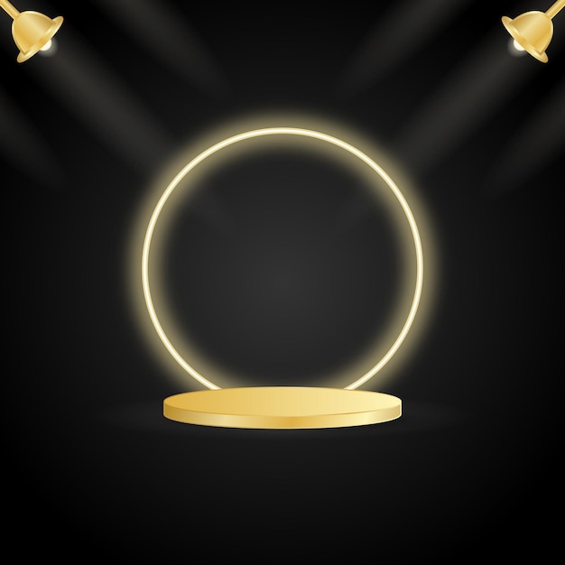 Luxury gold podium with spotlights and glowing circle on a black background