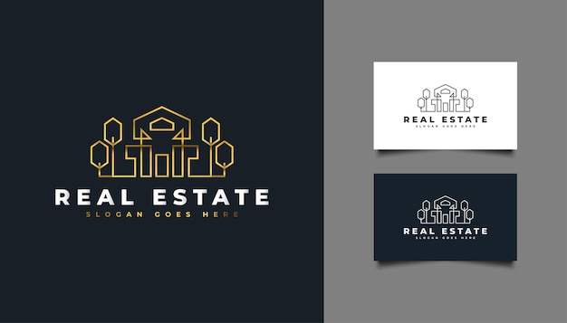 Luxury Gold Real Estate Logo with Line Style. Construction, Architecture or Building Logo Design Template