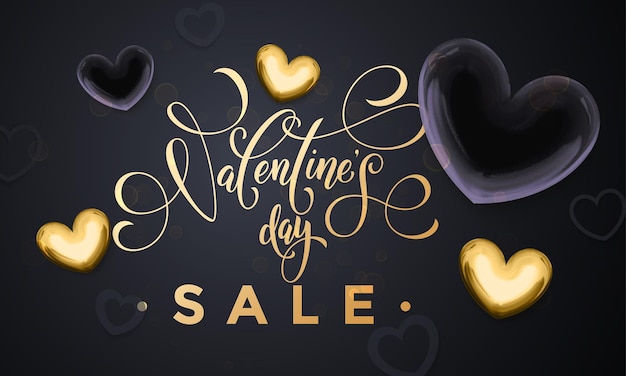 Luxury gold sale text for Valentine Day lettering and golden hearts on black premium background poster