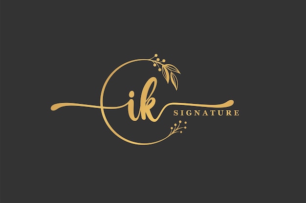 Luxury gold signature initial I K logo design isolated leaf and flower