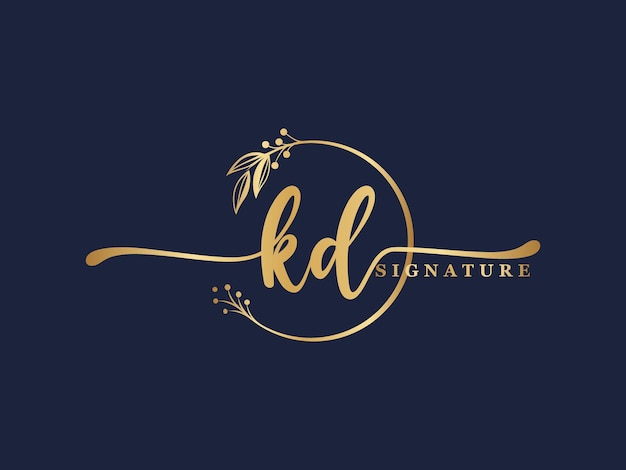 Luxury gold signature initial kd logo design isolated leaf and flower