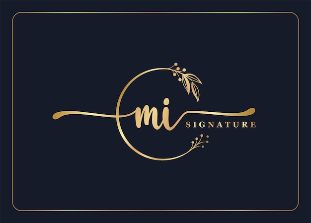 Luxury gold signature initial Mi logo design isolated leaf and flower