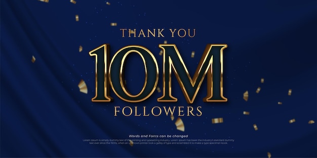 Luxury gold style text effect 10M followers and subscribers template on blue background