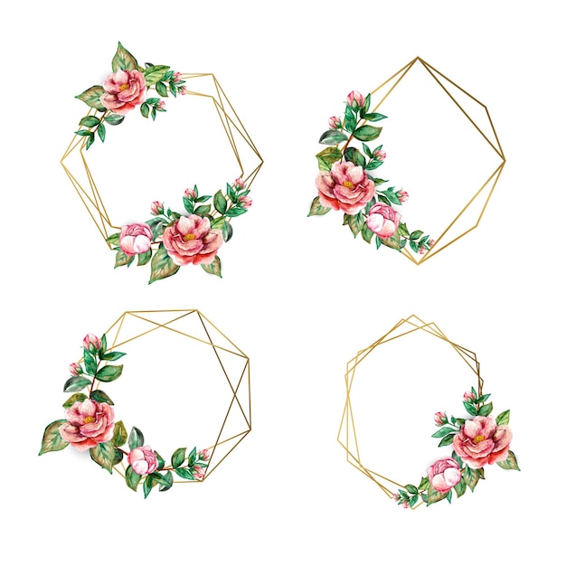 Luxury gold watercolor floral frame sticker template set