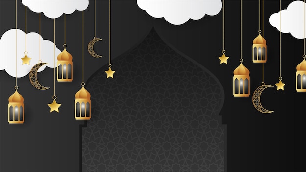 Luxury golden lantern arabic black gold Islamic design background Universal ramadan kareem banner background with lantern moon islamic pattern mosque and abstract luxury islamic elements