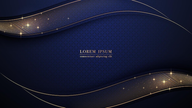 Luxury golden line wave with glitter light on dark blue background