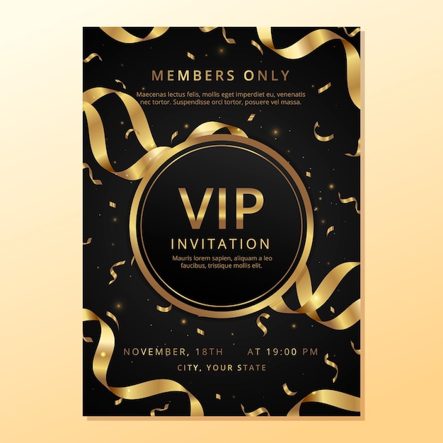 Luxury golden vip invitation Black and gold premium template with bokeh lights and gold confetti