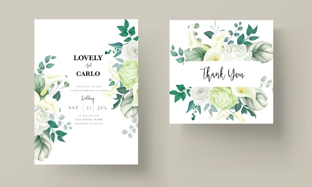 luxury greenery lily and rose flower wedding invitation card