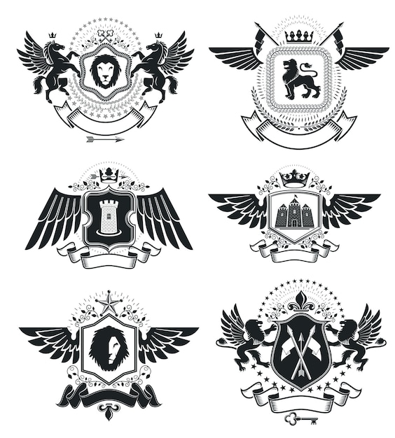 Luxury heraldic vectors emblem templates. Vector blazons. Classy high quality symbolic illustrations collection.