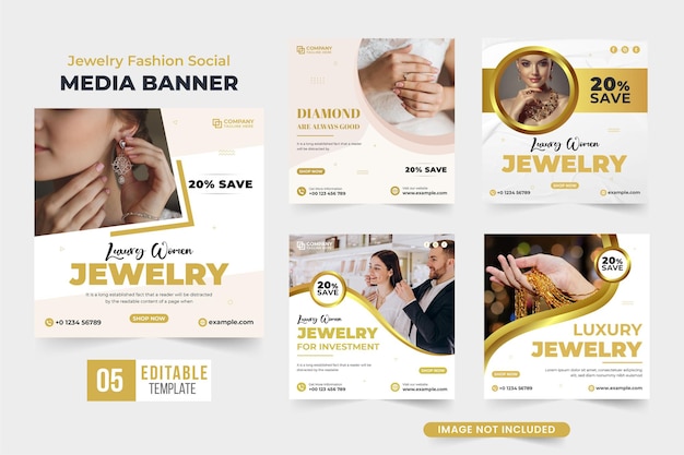 Luxury jewelry business advertisement template set with abstract shapes Ornament sale social media post collection for digital marketing Special jewelry promotional poster bundle with golden color