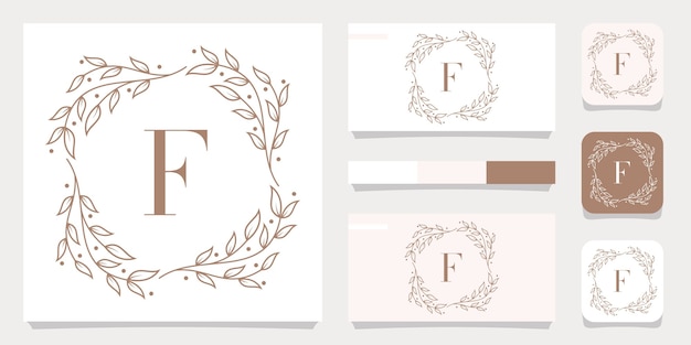 Luxury letter F logo design with floral frame template, business card design