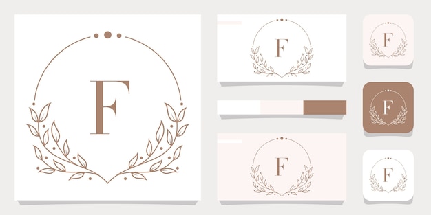 Luxury letter F logo design with floral frame template, business card design