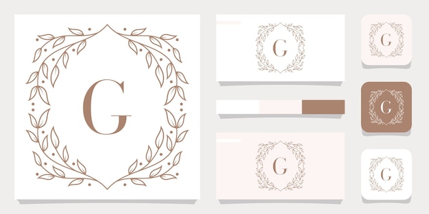 Luxury letter G logo design with floral frame template, business card design