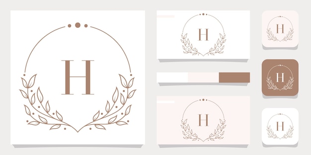 Luxury letter H logo design with floral frame template, Business card design