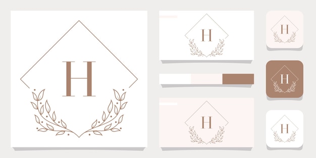 Luxury letter H logo design with floral frame template, Business card design