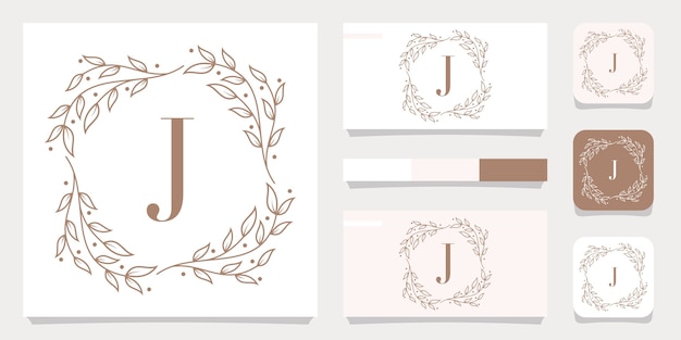 Luxury letter J logo design with floral frame template, business card design