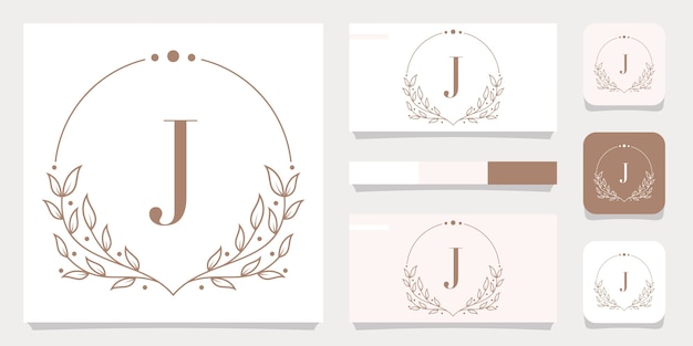 Luxury letter J logo design with floral frame template, business card design