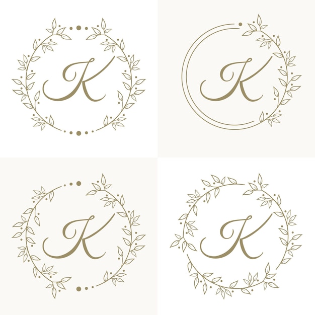 Luxury letter K logo design with floral frame background template