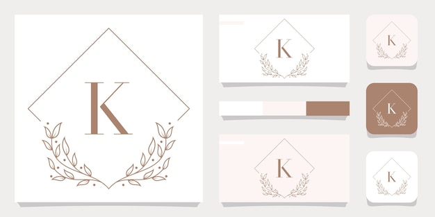 Luxury letter K logo design with floral frame template, business card design