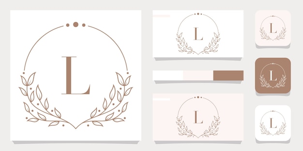 Luxury letter L logo design with floral frame template, business card design