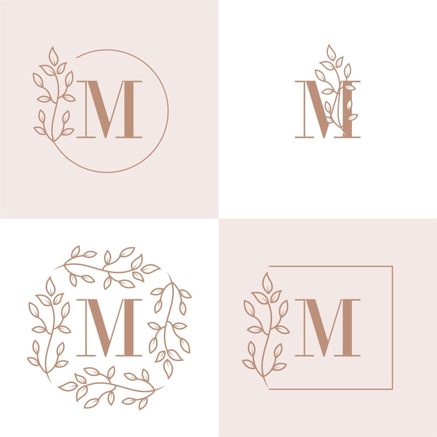 Luxury letter M logo design with floral frame background template