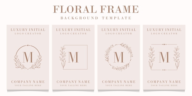 Luxury letter M logo design with floral frame template