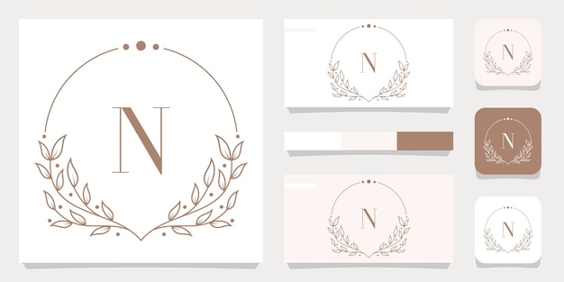 Luxury letter N logo design with floral frame template, business card design