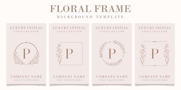 Luxury letter P logo design with floral frame template