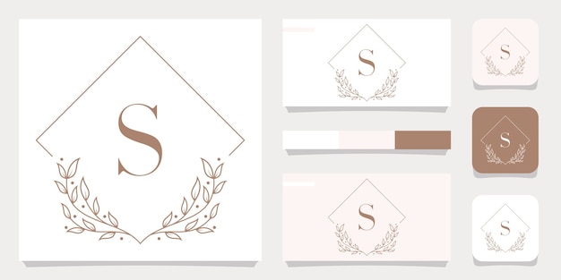 Luxury letter S logo design with floral frame template, business card design