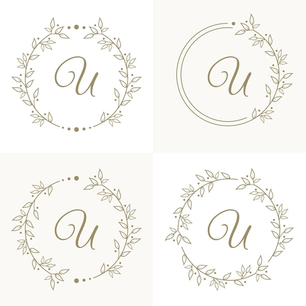 Luxury letter U logo design with floral frame background template