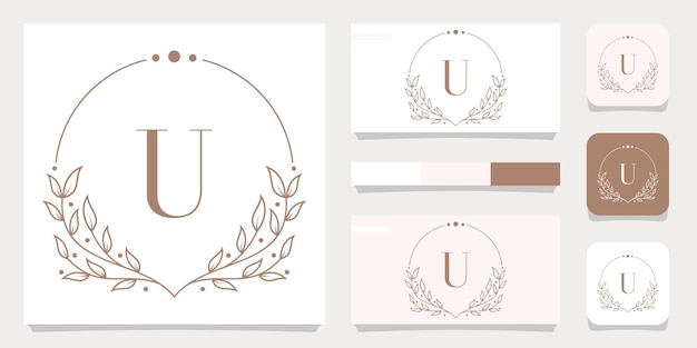 Luxury letter U logo design with floral frame template, business card design