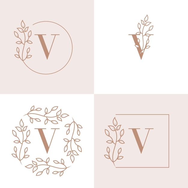 Luxury letter V logo design with floral frame background template