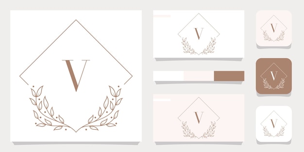 Luxury letter V logo design with floral frame template, business card design