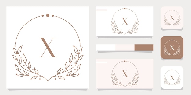 Luxury letter X logo design with floral frame template, Business card design