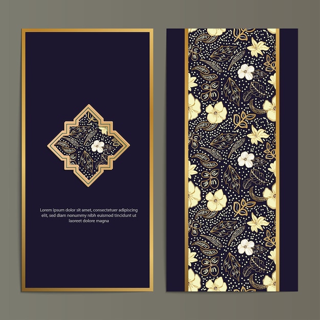 Luxury line art floral batik gold card template