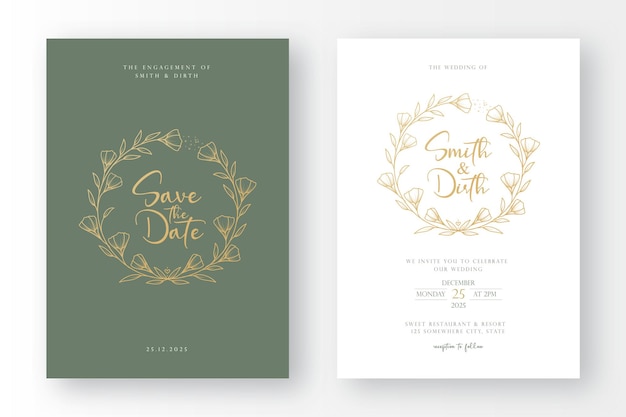 Luxury and minimal wedding invitation card template with line art  style floral wreath illustration